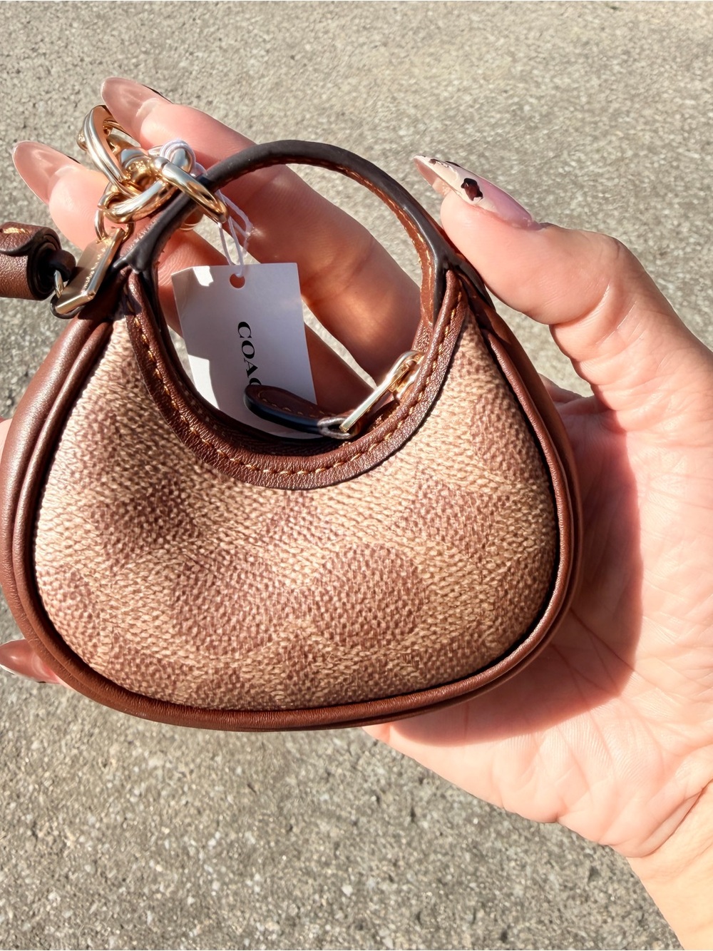 Coach Mini Bag Charm Keychain Signature Canvas Brown NWT Rare - Picture 5 of 8